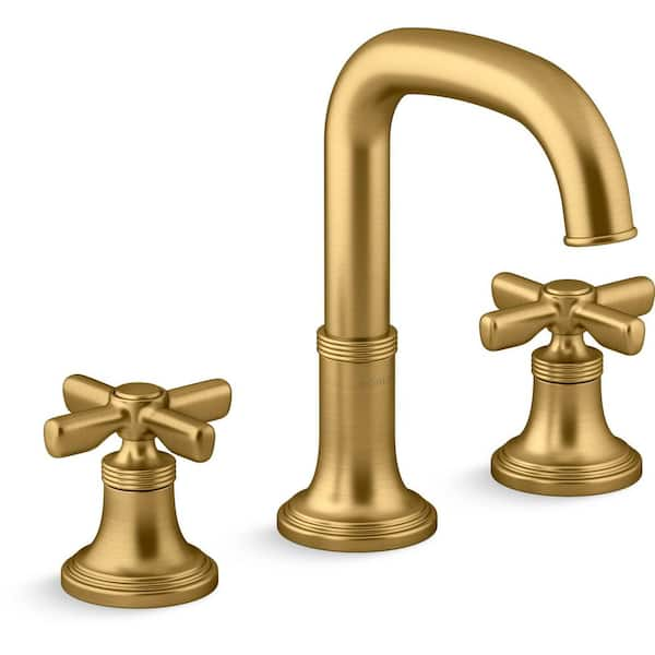 Paces 8 in. Widespread Double Handle Bathroom Faucet with Cross Handles in Vibrant Brushed Moderne Brass