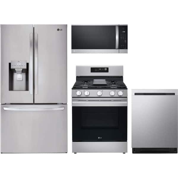 28 cu. ft. Standard Depth French Door Refrigerator with 5 Burner Freestanding Gas Range & Dishwasher with 3rd Rack