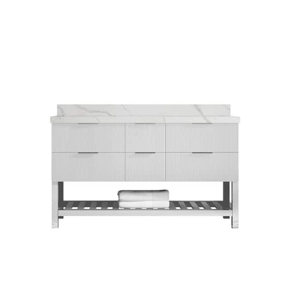 Catalina 60 in. W x 22 in. D x 36 in. H Double Sink Bath Vanity in White with 2 in. Calacatta Laza Qt. Top