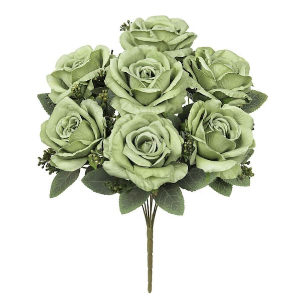 LIVING LUXURY 17 in. Deluxe Sage Green Artificial Elegant Rose Flower Stem Bush Bouquet (Set of 2) 92006-SAG-GR