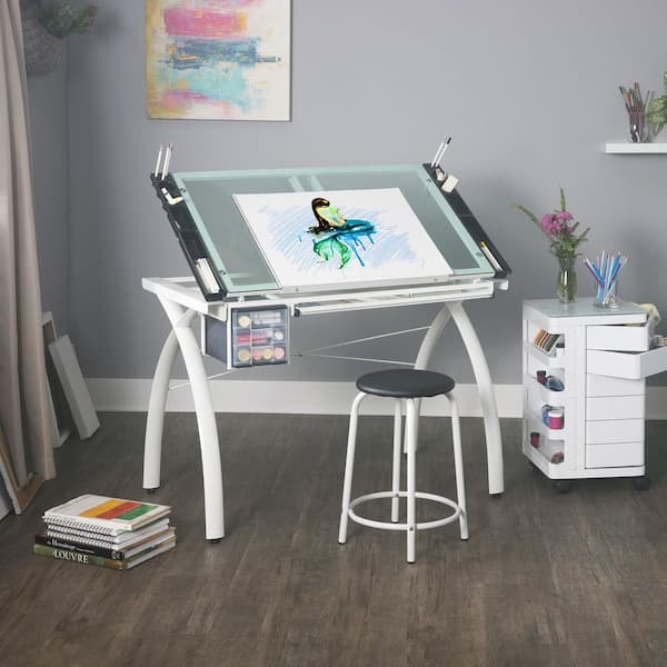 Futura Craft Station 38 in. W Matte Ivory / Sea Green Glass Metal, Craft Table with Storage and Angle Adjustable Top