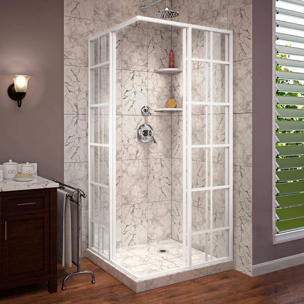 French Corner 34.5" White Framed Sliding Shower Enclosure