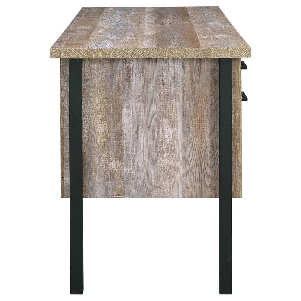 Transitional Weathered Oak Home Office Desk with Black Metal Frame and Storage