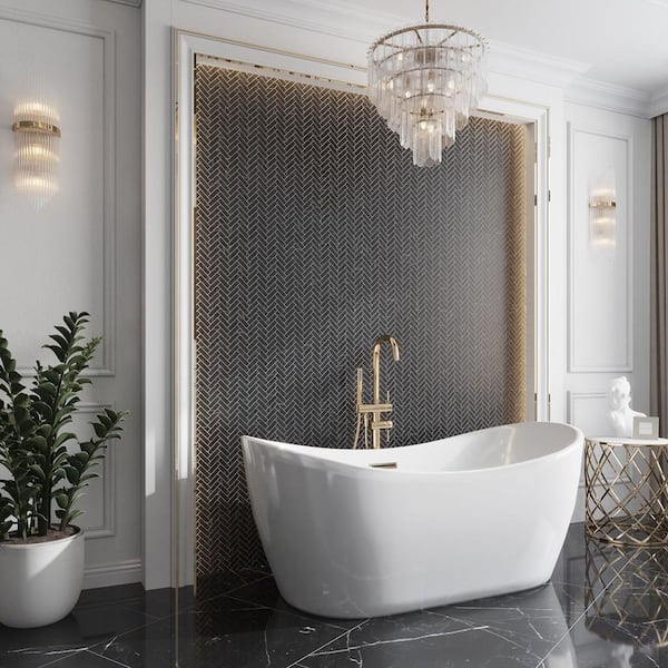 Aloha 11 in. x 13 in. Polished Black, White Glass Mosaic Herringbone Wall and Floor Tile (9.63 sq. ft./case)-10 Pack