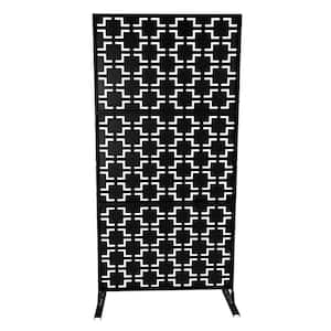 Outdoor Freestanding Metal Privacy Screen Decorative with Stand Black Grid