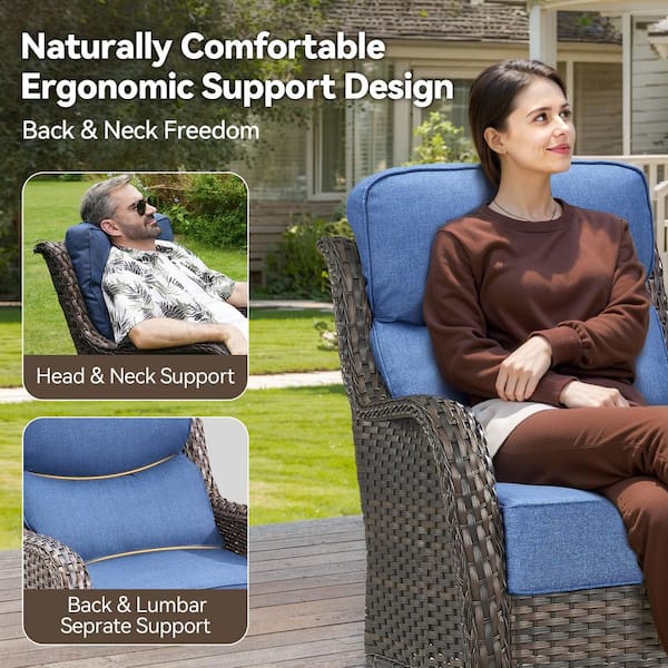 MoonLuxe Brown Wicker Fire Pit Conversation Set with Blue Olefin 6 in. Thick Cushions Patio Swivel Chairs (5-Piece)