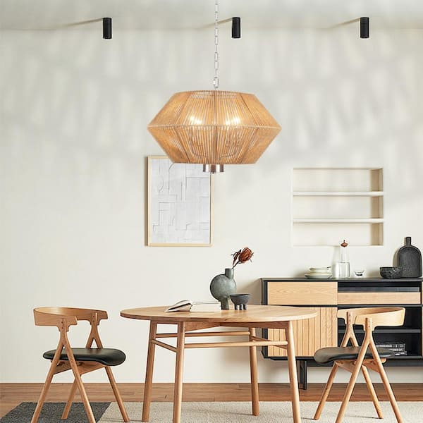 4-Light Drum Nickel Hanging Linear Chandelier Lighting with Paper Rattan Shaded for Kitchen Island