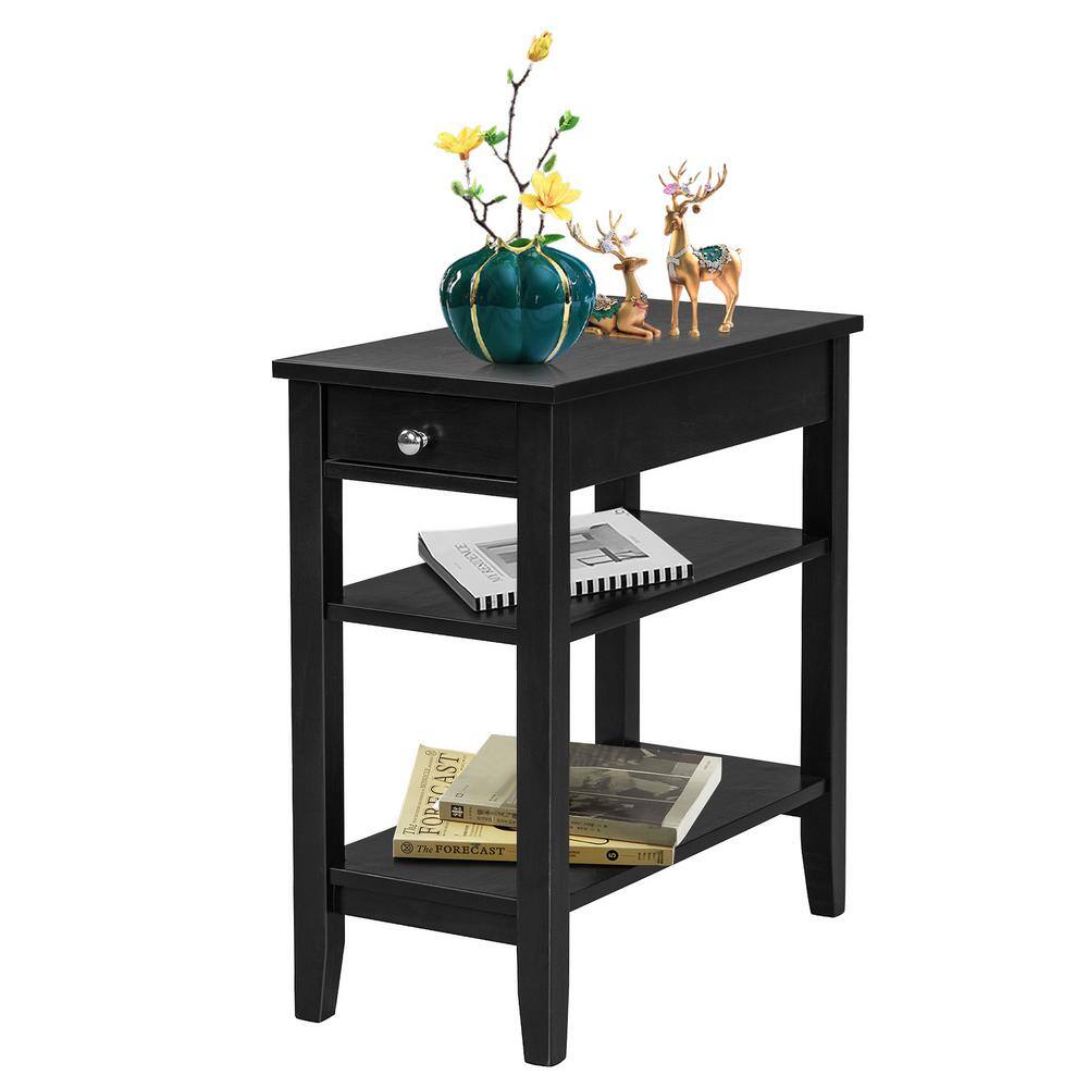 Black Wood Narrow End Table with Drawer and Shelves