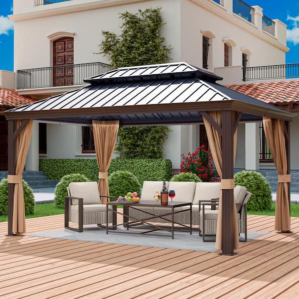 MeetLeisure 10 ft. x 14 ft. Gazebo with 4-Piece Outdoor Patio Furniture Sofa Set with Beige Cushion