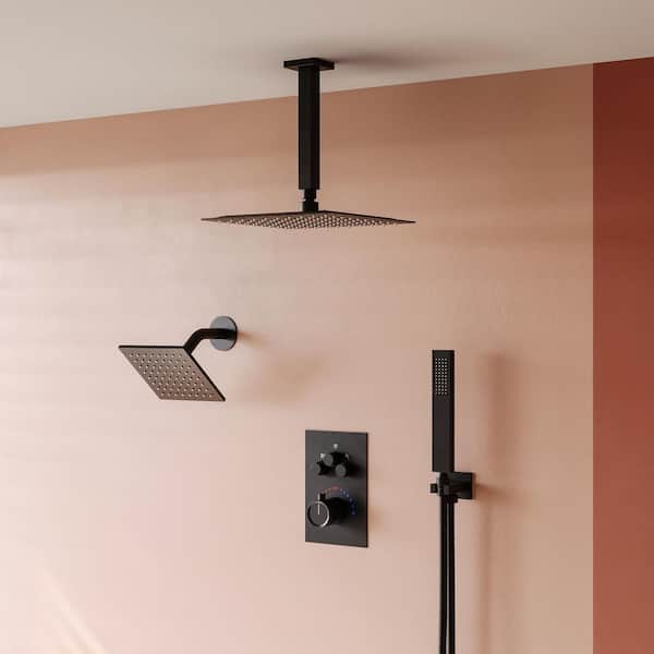 Family-Friendly 7-Spray Multiple Press 12 in. Wall Bar Shower Kit with Anti Scald 2.5 GPM in Matte Black Valve Included