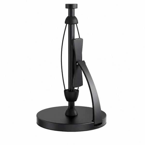 Black Paper Towel Holder Countertop with Spring Activated Arm, Suction Cup Base, Simply Tear Paper Towel Stand