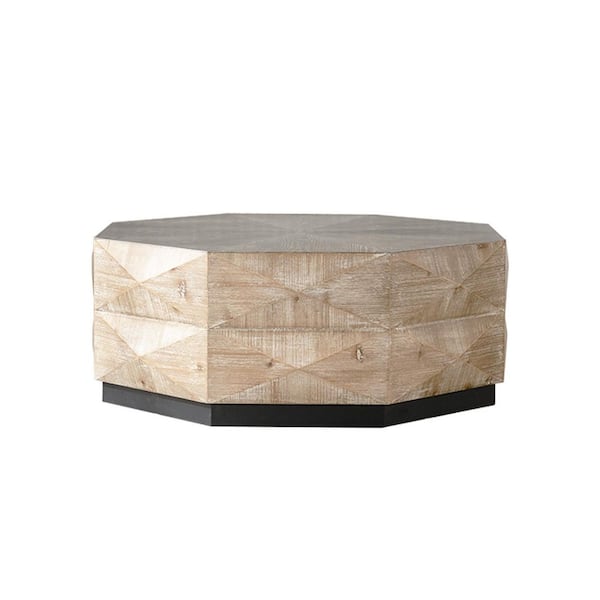 38 in. Brown Octagon Wood Coffee Table-Retro Geometric Wood Center Table with 3D Embossed Pattern for Living Room