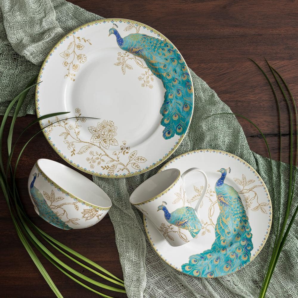 Peacock Garden White Porcelain 16-Piece Dinnerware Set with Gold Accents