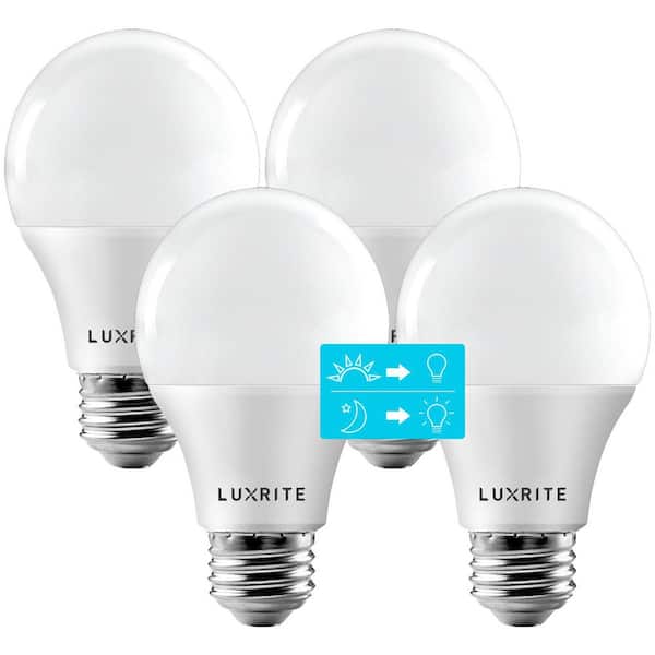 60-Watt Equivalent A19 E26 Base Dusk to Down Sensor LED Light Bulb 5000K Bright White 4-Pack