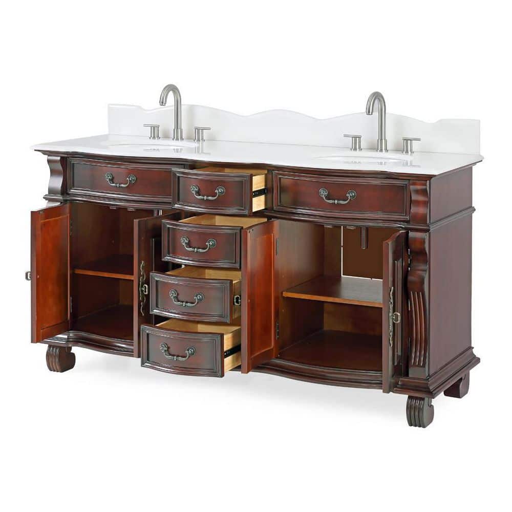Cherry Brown Double Sink Bathroom Vanity with White Marble Top