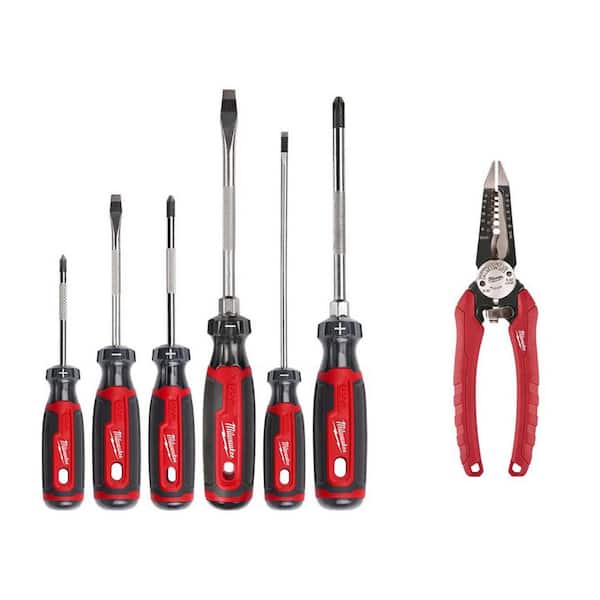 Milwaukee Screwdriver Set with Cushion Grip with 7.75 in. Combination Electricians 6-in-1 Wire Strippers Pliers (7-Piece)
