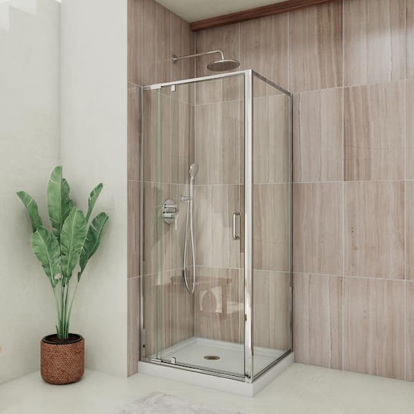 Flex 32 in. x 32 in. x 76.75 in. Framed Corner Pivot Shower Kit in Chrome with Shower Base in White