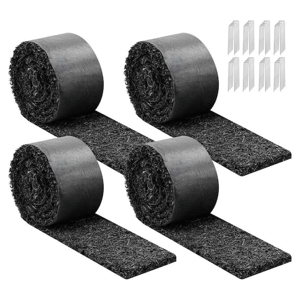 4 Rolls Rubber Mulch Mat Roll, 120 x 4.5 in., 0.5 in. Thick Recycled Rubber Garden Edging with Cuttable Flower Stakes