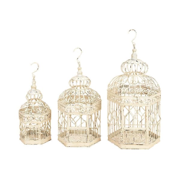 Litton Lane White Metal Indoor Outdoor Hinged Top Birdcage with Latch Lock Closure and Hanging Hook (3- Pack)