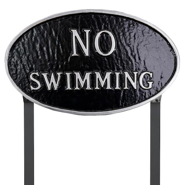 Montague Metal Products 10 in. x 18 in. Large Oval No Swimming Statement Plaque Sign with Lawn Stakes - Black/Silver
