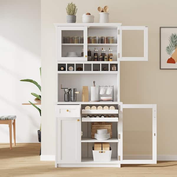 White 74.8 in. H Kitchen Pantry Storage Cabinet with Wine Rack, Pull-Out Bottle Trays, Freestanding Buffet with Hutch