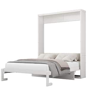 White Wood Frame Queen Size Murphy Bed, Folding Wall Bed with Desktop