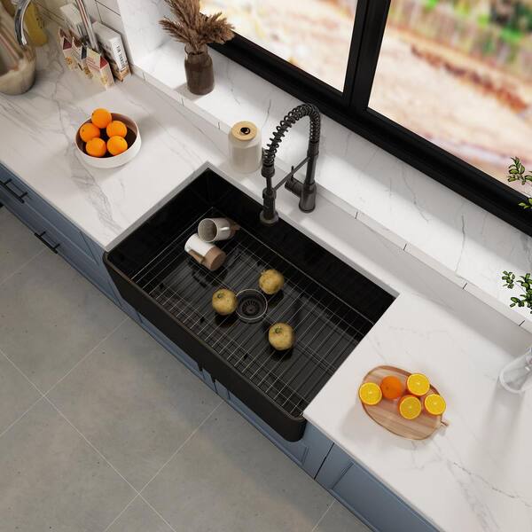 Matte Black Fireclay 33 in. Single Bowl Farmhouse Apron Workstation Kitchen  Sink with Bottom Grid and Strainer