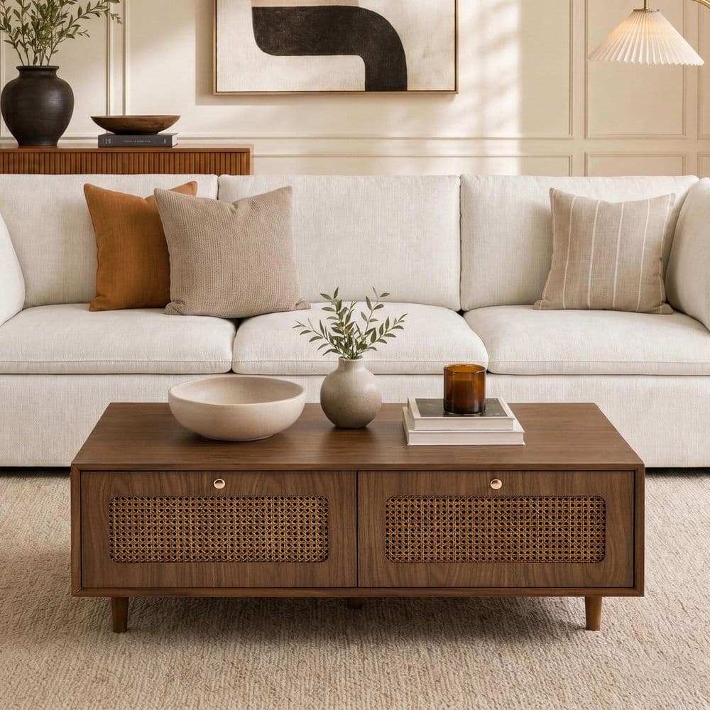 Celeste 57.26 in. Walnut Rectangle Wood Coffee Table with 2 Drawer