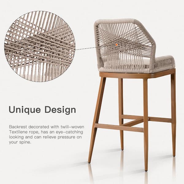 Modern Aluminum Twill Wicker Woven Counter Height Outdoor Bar Stool with Back and Cushion (2-Pack)