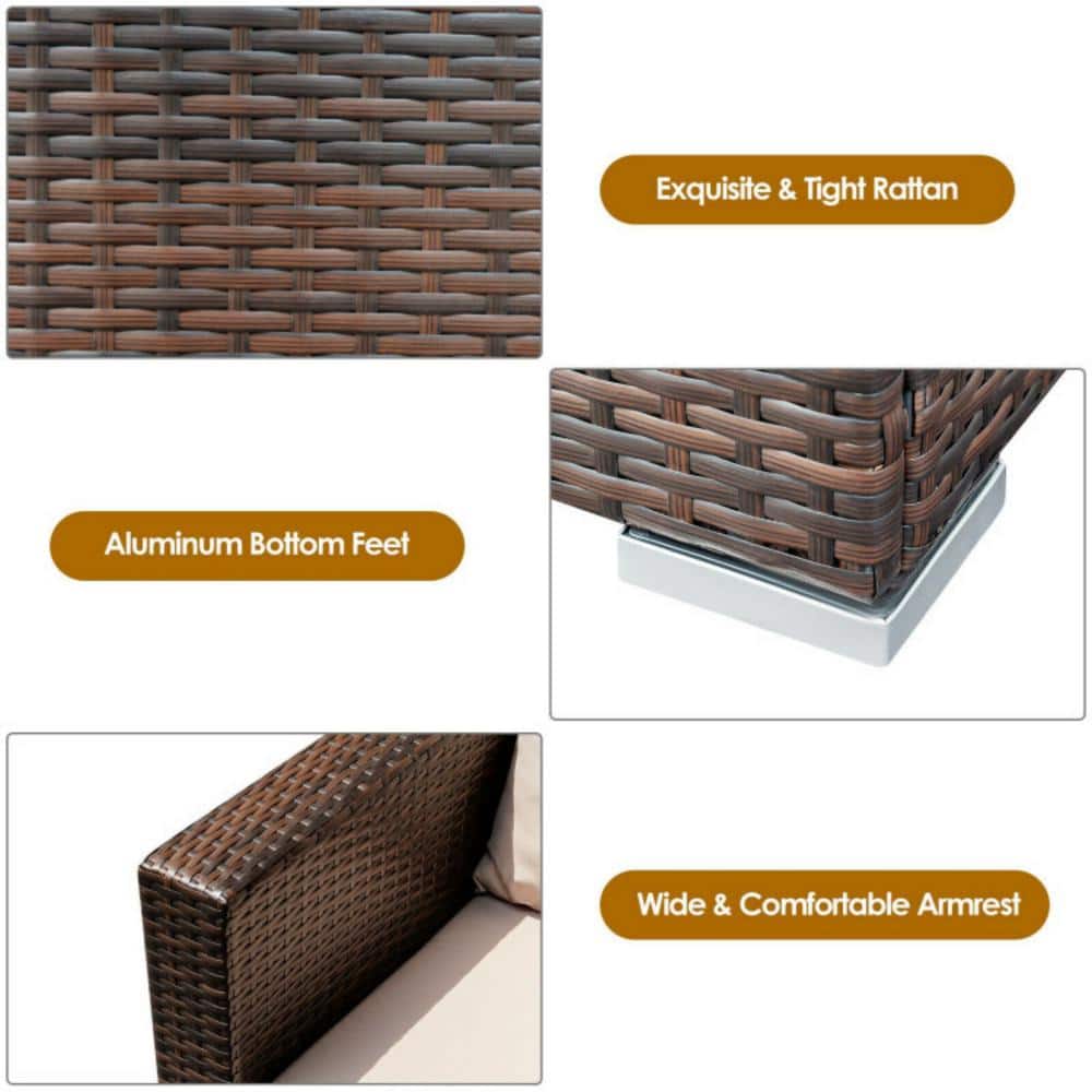 Beige 3-Piece Rattan Patio Conversation Set with Cushions