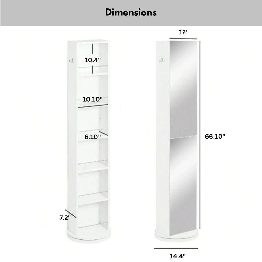 White Rotating Bathroom Storage Cabinet with Full-Length Mirror