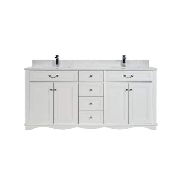 French Contemporary Series 72 in. Freestanding White Bath Vanity with White Artificial Stone Top Assembled Bath Vanity