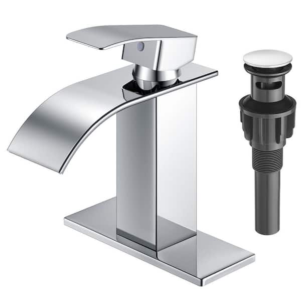 Single Handle Waterfall Spout Single Hole Bathroom Faucet with Deckplate and Pop-up Drain Assembly in Polished Chrome