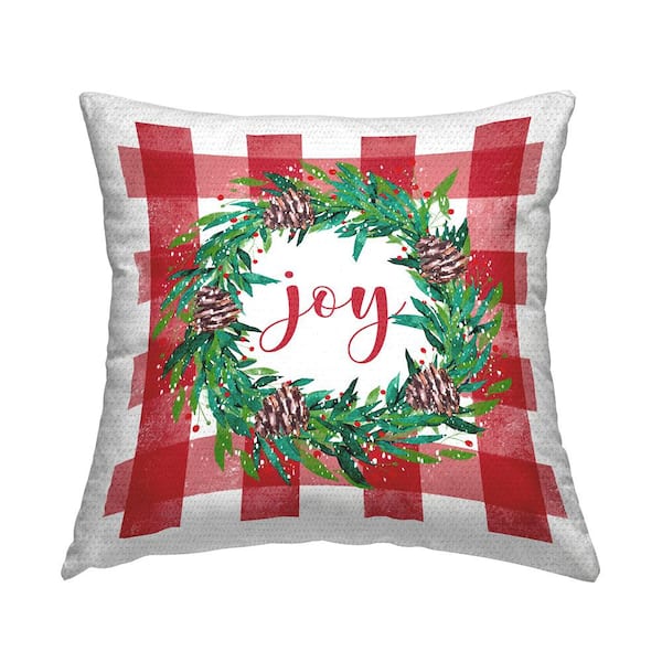 Holiday Joy Tartan Wreath Red Square Outdoor Throw Pillow