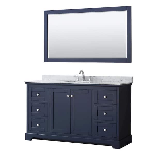 Wyndham Collection Avery 60 in. W x 22 in. D x 35 in. H Single Bath Vanity in Dark Blue with White Carrara Marble Top and 58 in. Mirror