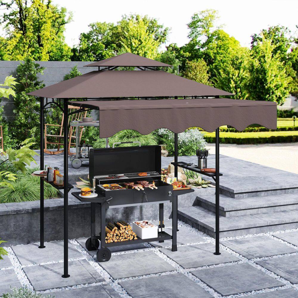 Brown Double Tiered Outdoor BBQ Grill Gazebo with Side Awning