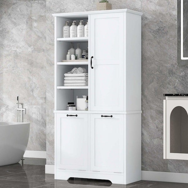 31 in. W x 14 in. D x 68 in. H White Linen Cabinet, Bathroom Storage Cabinet with Doors, Drawers Tilt-Out Laundry Hamper
