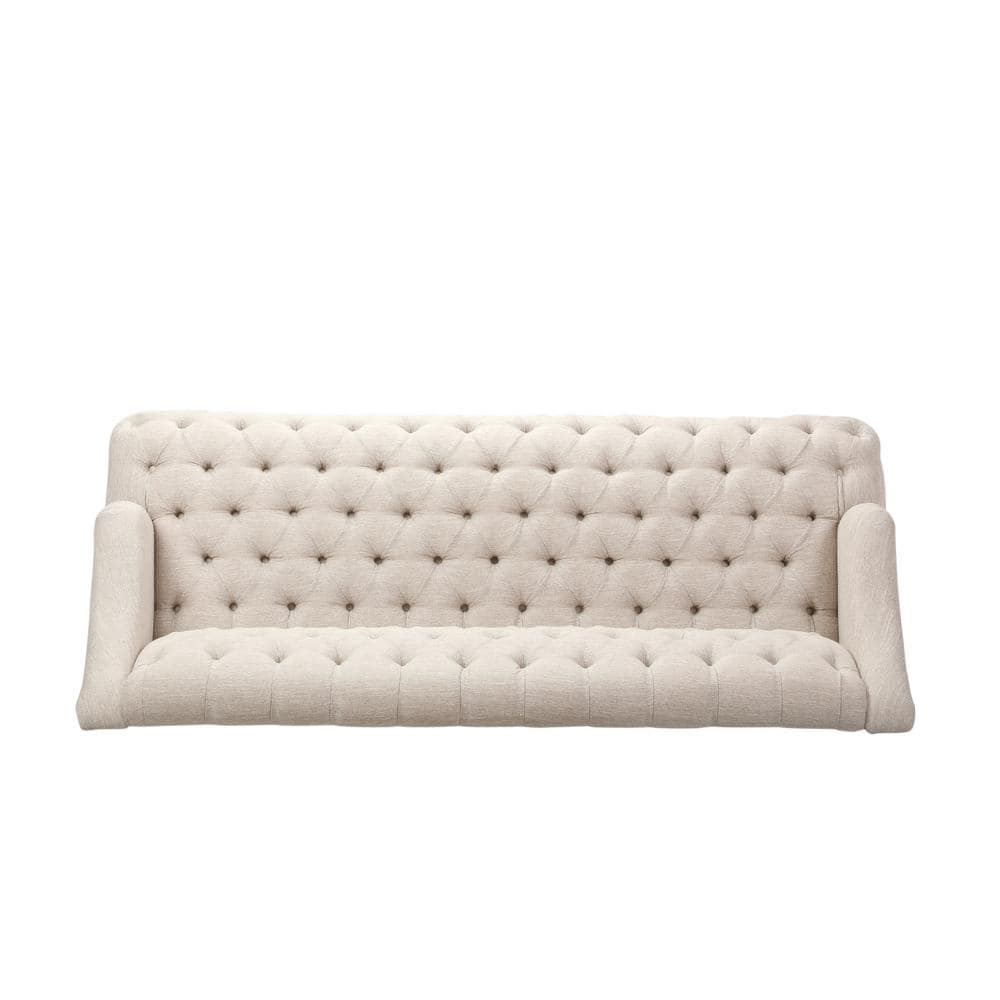 Beige Velvet Tufted Lawson Sofa with Sloped Arms and Wood Frame