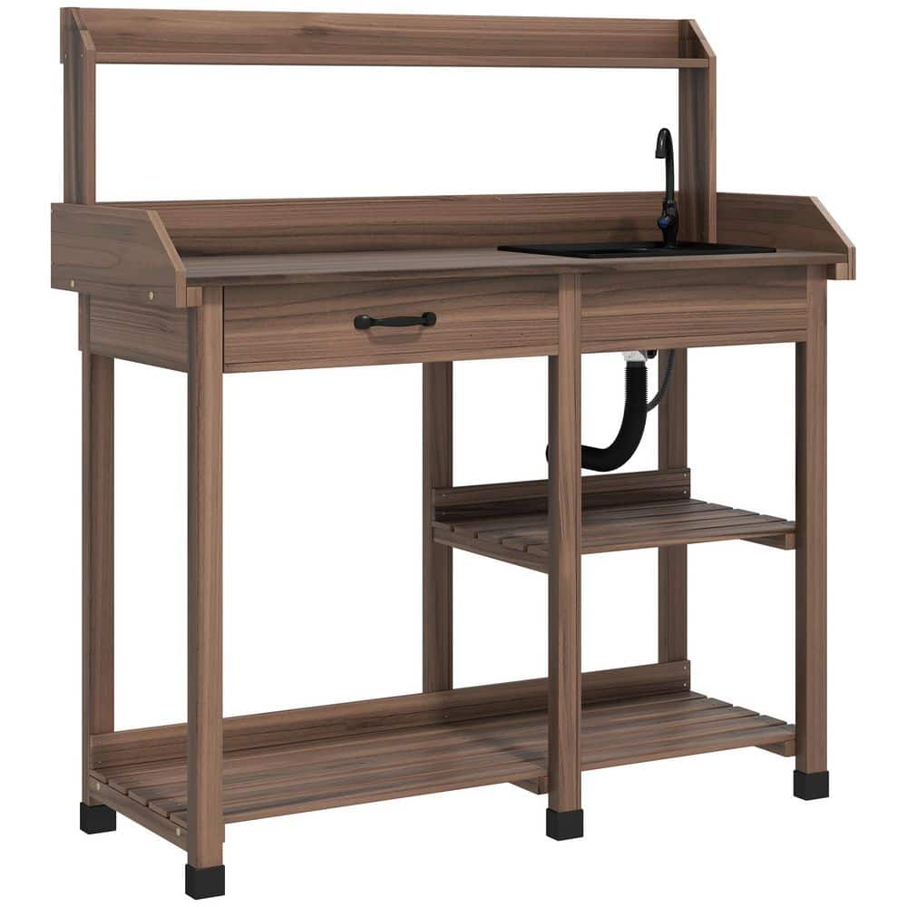 45.25 in. W x 48.5 in. H Dark Brown Potting Bench Table, Outdoor Garden Tab