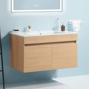 24 in. W Single Sink Wall Mounted Bath Vanity in Light Oak with White Ceramic Top