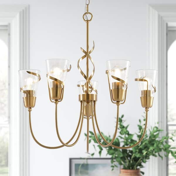 5-Light Gold Chandelier with Glass Shade for Kitchen Island Foyer