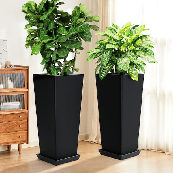 24 in. Square Tall Plastic Planters-Black Outdoor/Indoor Garden Pots (Set of 2)