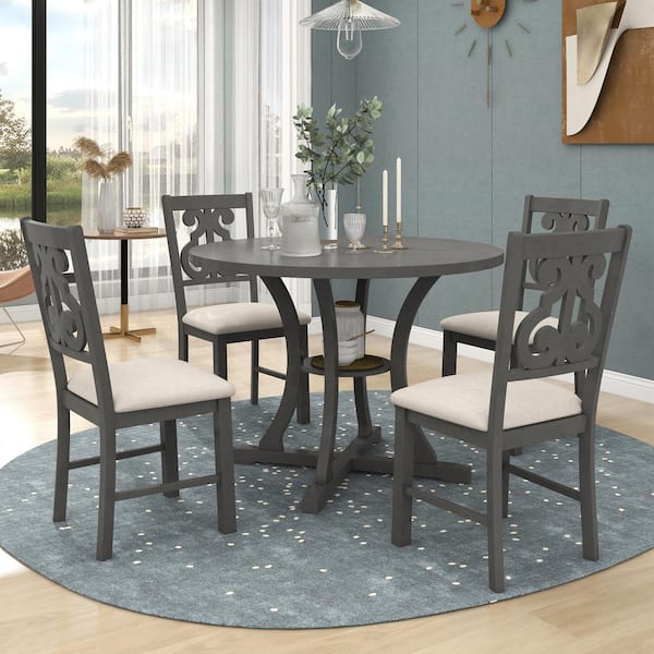 Wood Top Gray Round Dining Table, Round Dining Table With 4 Upholstered Chairs