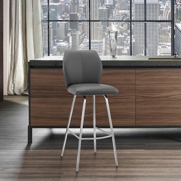 Armen Living Tandy 26 in. Counter Height Gray/Brushed Stainless Steel High Back Stool with Faux Leather