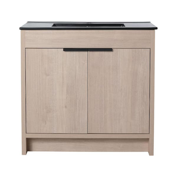 EPOWP 35.9 in. W x 18.3 in. D x 34.3 in. H Freestanding Bath Vanity in Plain Light Oak with Black Ceramic Top