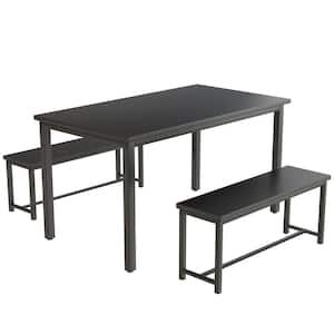 Minimalist 3-Piece Rectangle Black Wooden Top Dining Table Set with 2-Benches for Four