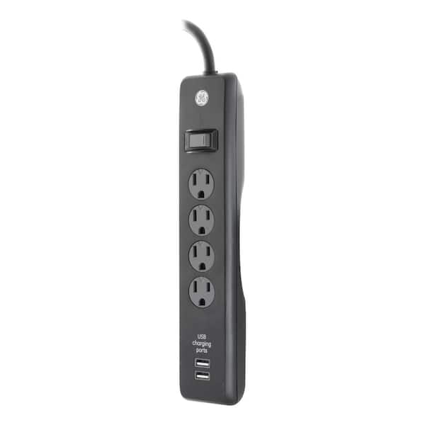 GE 3 ft. 4-Outlet and 2-USB Port, 1.0 Amp, 450 Joules Surge Protector, Black
