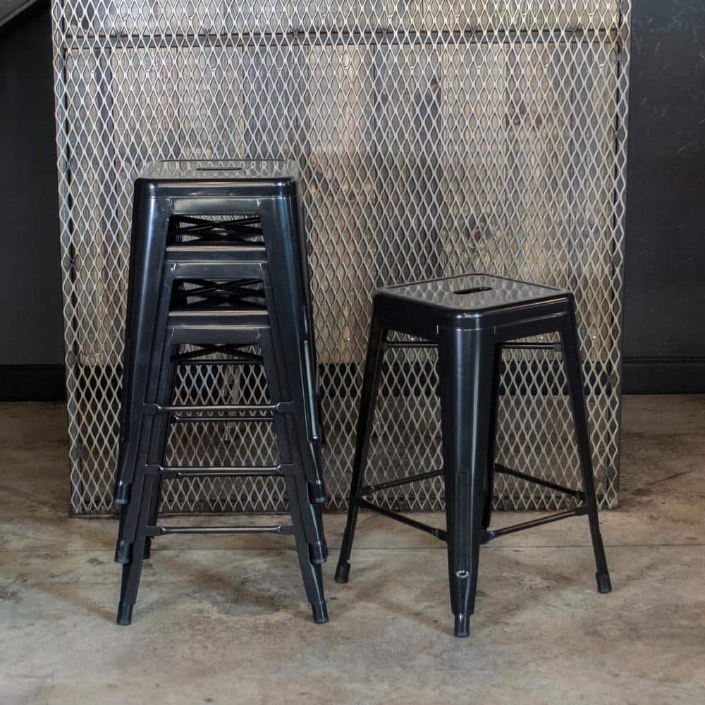 Black 24" Backless Metal Stackable Bar Stools, Set of 4