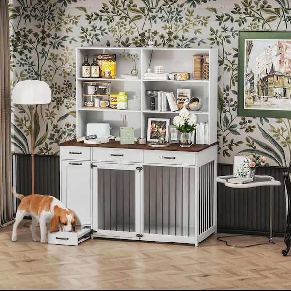 FUFU&GAGA Wooden Dog Kennel Furniture Style Dog Crate Storage Cabinet, Dog Crate with Shelf and 3-Drawers, Drawer Dog Bowl, White