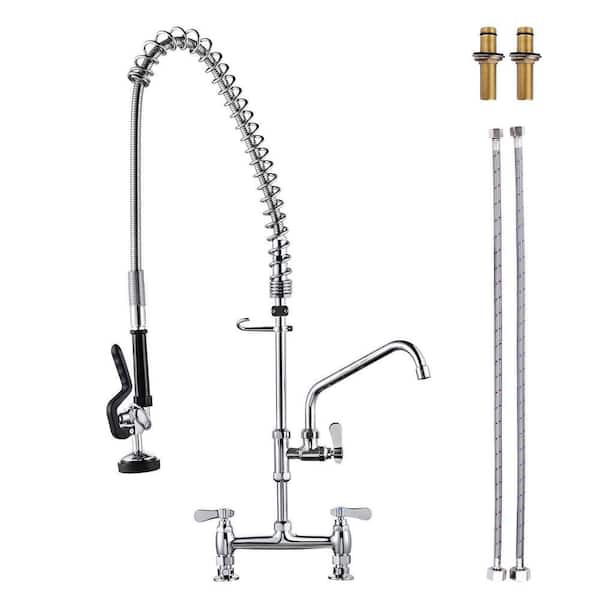 Commercial 38 in. H Triple Handle 360° Spout Swivel Pull Down Sprayer Kitchen Faucet with Pre-Rinse Sprayer in Chrome